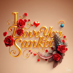 A visually stunning and extravagant 3D render illustration of the name "I Love You Sanket" in exquisite golden lettering