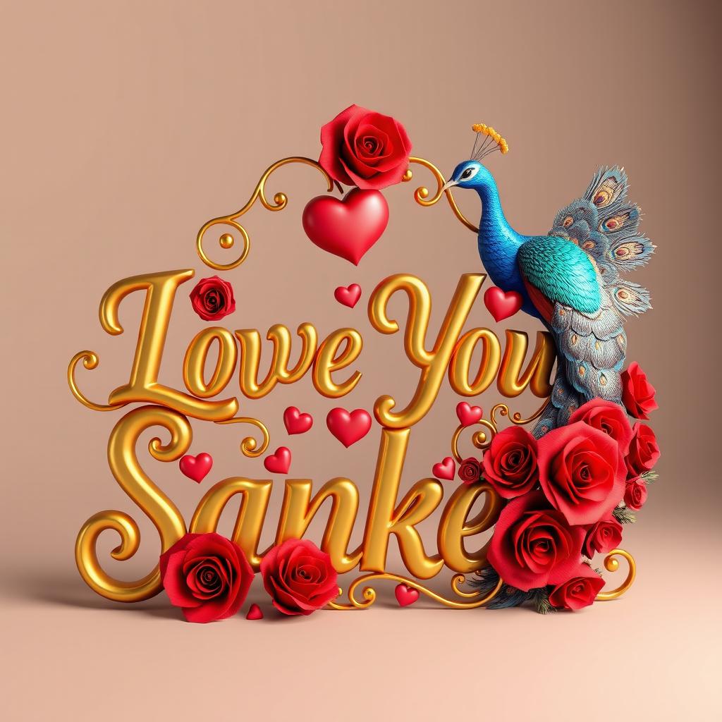 A visually stunning and extravagant 3D render illustration of the name "I Love You Sanket" in exquisite golden lettering