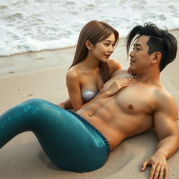 A beautiful and sexy mermaid with straight hair and an Asian face, lying next to a human man on the beach
