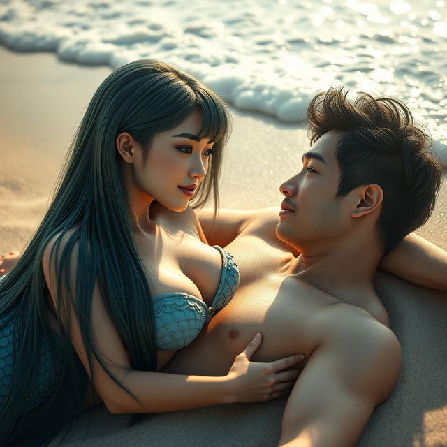 A beautiful and sexy mermaid with straight hair and an Asian face, lying next to a human man on the beach