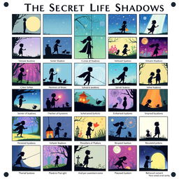 A captivating poster showcasing 20 storyboard frames illustrating 'The Secret Life of Shadows'