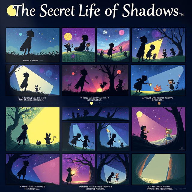 A captivating poster showcasing 20 storyboard frames illustrating 'The Secret Life of Shadows'