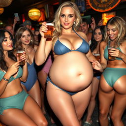 A beautiful, sexy blonde girl with a thin face, wearing a stylish bathing suit and enjoying a cold beer