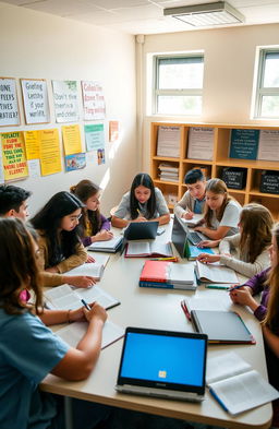 A group of high school students engaged in English practice, sitting around a large table covered with books, notebooks, and laptops