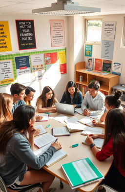 A group of high school students engaged in English practice, sitting around a large table covered with books, notebooks, and laptops