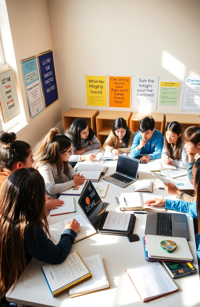 A group of high school students engaged in English practice, sitting around a large table covered with books, notebooks, and laptops