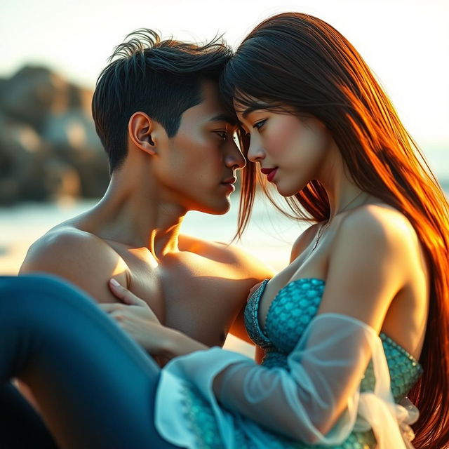 A beautiful and sexy mermaid with straight hair and an Asian face is engaging in a captivating gaze with an ordinary man lying on the beach