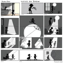 A detailed collection of 20 storyboard frames for 'The Secret Life of Shadows'