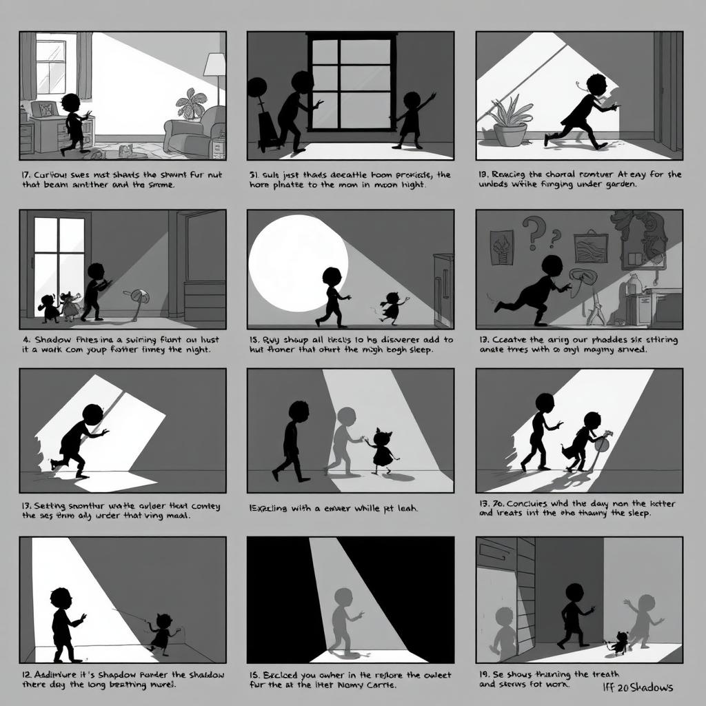 A detailed collection of 20 storyboard frames for 'The Secret Life of Shadows'