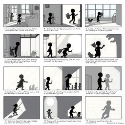 A detailed collection of 20 storyboard frames for 'The Secret Life of Shadows'