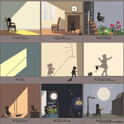A visually engaging series of 20 storyboard frames for 'The Secret Life of Shadows'