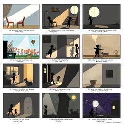 A visually engaging series of 20 storyboard frames for 'The Secret Life of Shadows'