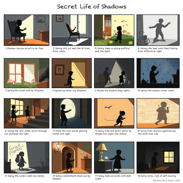 A visually engaging series of 20 storyboard frames for 'The Secret Life of Shadows'