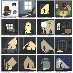 A visually engaging series of 20 storyboard frames for 'The Secret Life of Shadows'