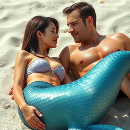 A beautiful and sexy mermaid with straight hair and an Asian face is lying on the beach next to a regular man