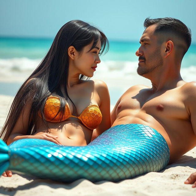 A beautiful and sexy mermaid with straight hair and an Asian face is lying on the beach next to a regular man