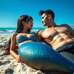 A beautiful and sexy mermaid with straight hair and an Asian face is lying on the beach next to a regular man