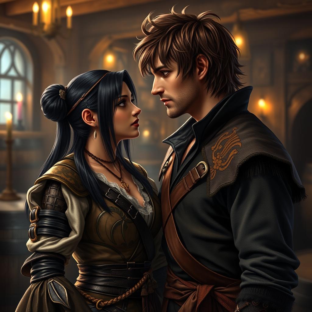 A realistic portrayal of a fantasy character couple in a tavern setting