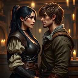 A realistic portrayal of a fantasy character couple in a tavern setting