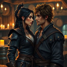 A realistic portrayal of a fantasy character couple in a tavern setting