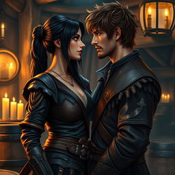 A realistic portrayal of a fantasy character couple in a tavern setting