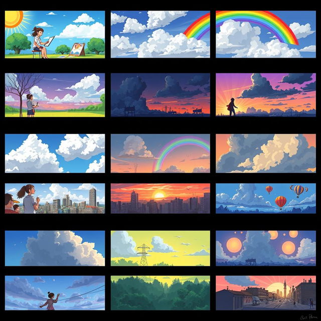 A vibrant and imaginative series of 20 storyboard frames for 'The Cloud Painter'