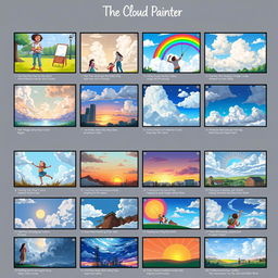 A vibrant and imaginative series of 20 storyboard frames for 'The Cloud Painter'