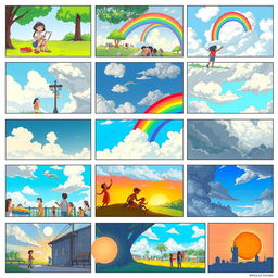 A vibrant and imaginative series of 20 storyboard frames for 'The Cloud Painter'