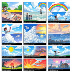 A vibrant and imaginative series of 20 storyboard frames for 'The Cloud Painter'