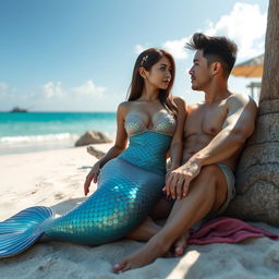 A beautiful and sexy mermaid with straight hair and an Asian face, lounging on the beach next to an ordinary man