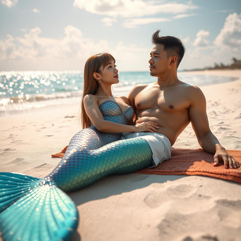 A beautiful and sexy mermaid with straight hair and an Asian face, lounging on the beach next to an ordinary man