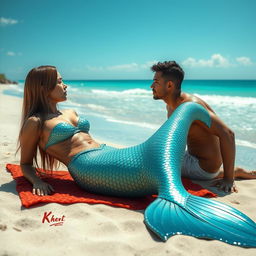 A beautiful and sexy mermaid with straight hair and an Asian face, lounging on the beach next to an ordinary man