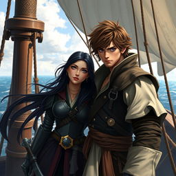 A realistic art scene depicting a fantasy character couple on a pirate ship