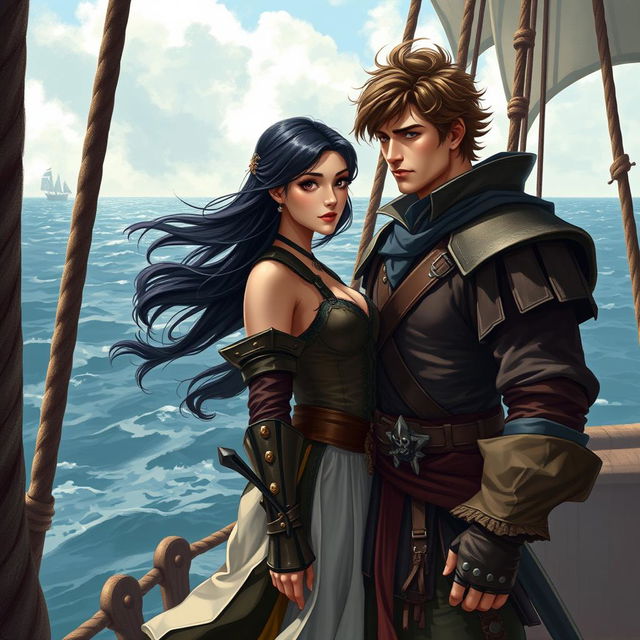 A realistic art scene depicting a fantasy character couple on a pirate ship