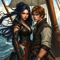 A realistic art scene depicting a fantasy character couple on a pirate ship