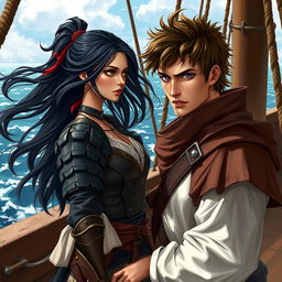 A realistic art scene depicting a fantasy character couple on a pirate ship