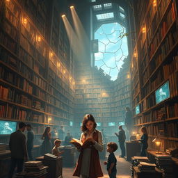 A stunning concept poster for 'The Last Library on Earth', depicting a futuristic, yet enchanting library that has survived in a post-apocalyptic world