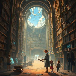 A stunning concept poster for 'The Last Library on Earth', depicting a futuristic, yet enchanting library that has survived in a post-apocalyptic world