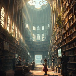 A stunning concept poster for 'The Last Library on Earth', depicting a futuristic, yet enchanting library that has survived in a post-apocalyptic world