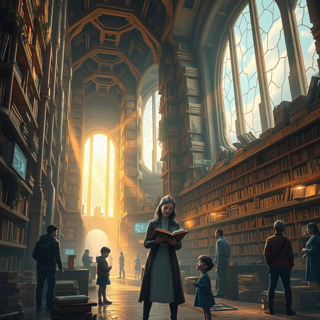 A stunning concept poster for 'The Last Library on Earth', depicting a futuristic, yet enchanting library that has survived in a post-apocalyptic world