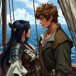 A realistic art scene featuring a fantasy character couple aboard a pirate ship