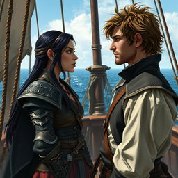 A realistic art scene featuring a fantasy character couple aboard a pirate ship