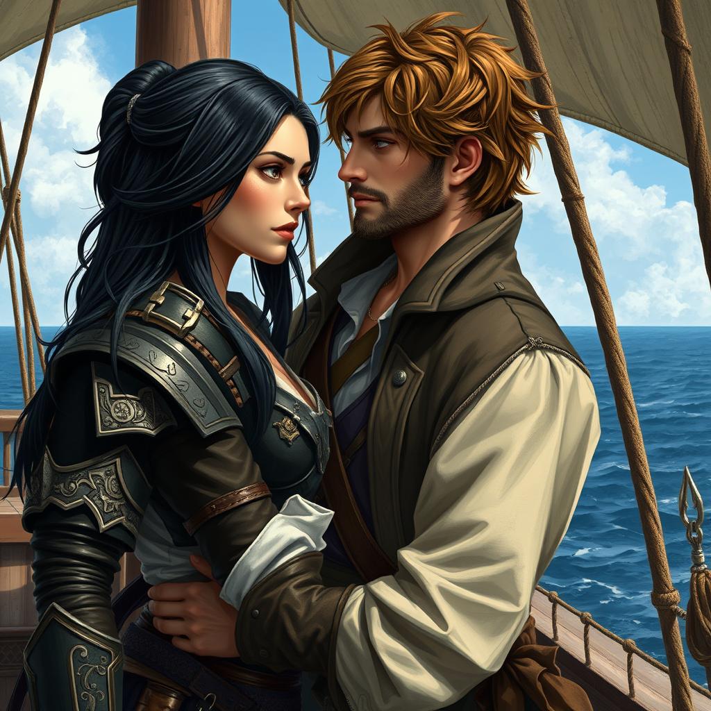 A realistic art scene featuring a fantasy character couple aboard a pirate ship