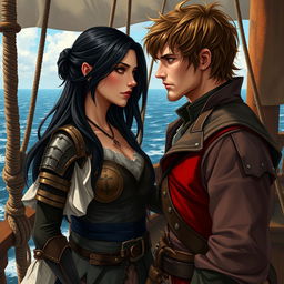 A realistic art scene featuring a fantasy character couple aboard a pirate ship