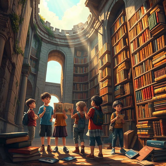 A thought-provoking poster for 'The Last Library on Earth', depicting a dystopian future where digital media has overshadowed physical books