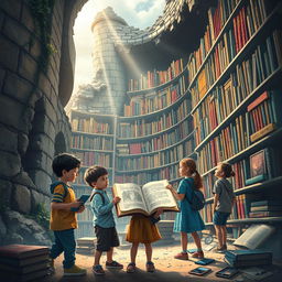 A thought-provoking poster for 'The Last Library on Earth', depicting a dystopian future where digital media has overshadowed physical books