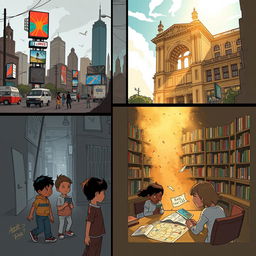A captivating storyboard for 'The Last Library on Earth', illustrating key scenes from a poignant narrative about a future devoid of physical books