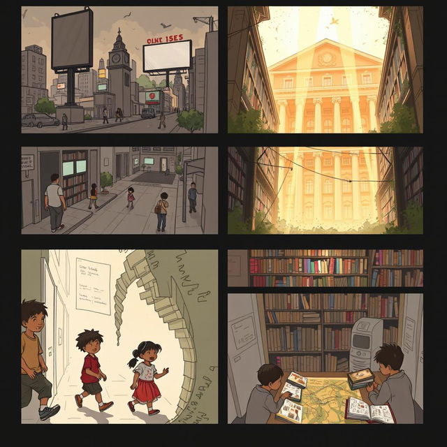 A captivating storyboard for 'The Last Library on Earth', illustrating key scenes from a poignant narrative about a future devoid of physical books