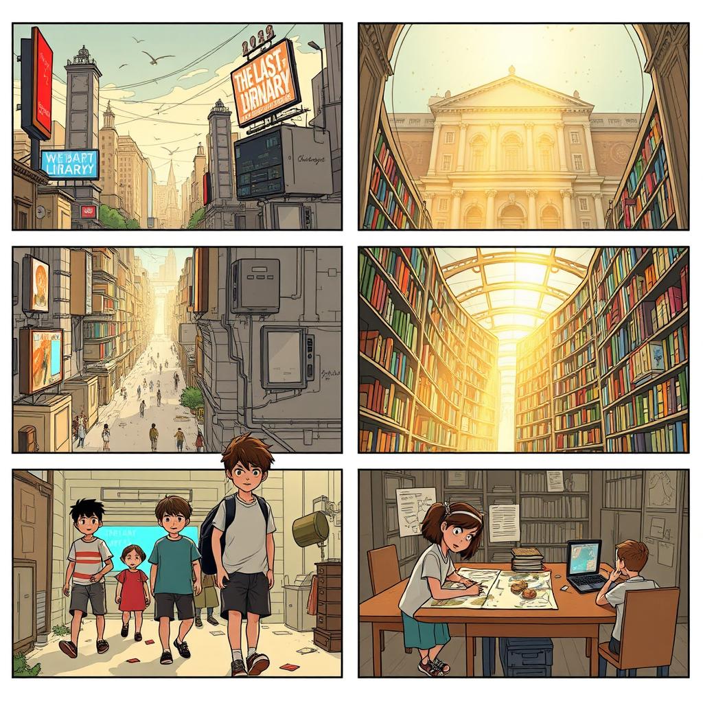 A captivating storyboard for 'The Last Library on Earth', illustrating key scenes from a poignant narrative about a future devoid of physical books