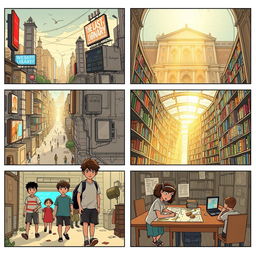 A captivating storyboard for 'The Last Library on Earth', illustrating key scenes from a poignant narrative about a future devoid of physical books